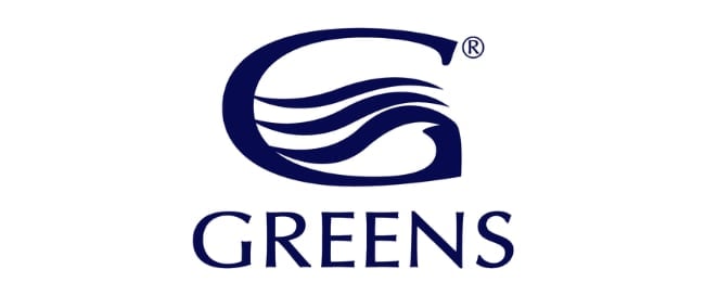 Greens logo with stylized blue leaf or wave design