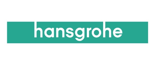 Hansgrohe logo with white text on teal green background