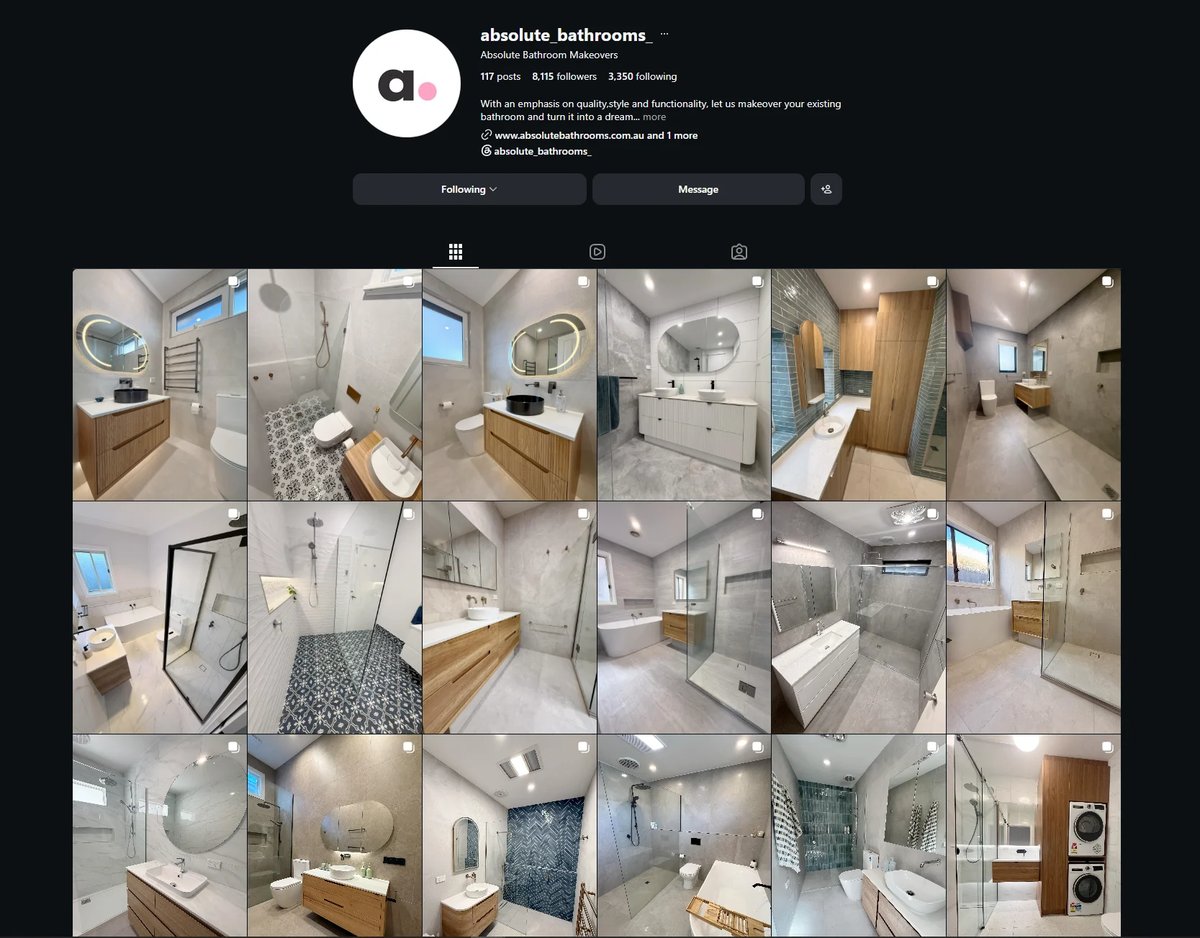 Instagram profile for Absolute Bathroom Makeovers showing a grid portfolio of modern bathroom renovation projects